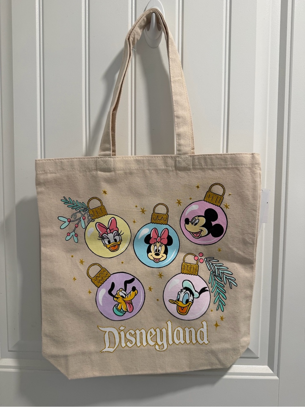 Disney Beige Canvas Tote with Colorful Character Ornaments